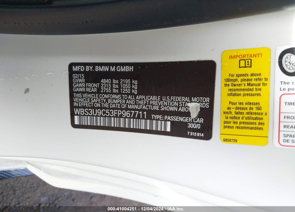 2015 BMW M4 VIN: WBS3U9C53FP967711