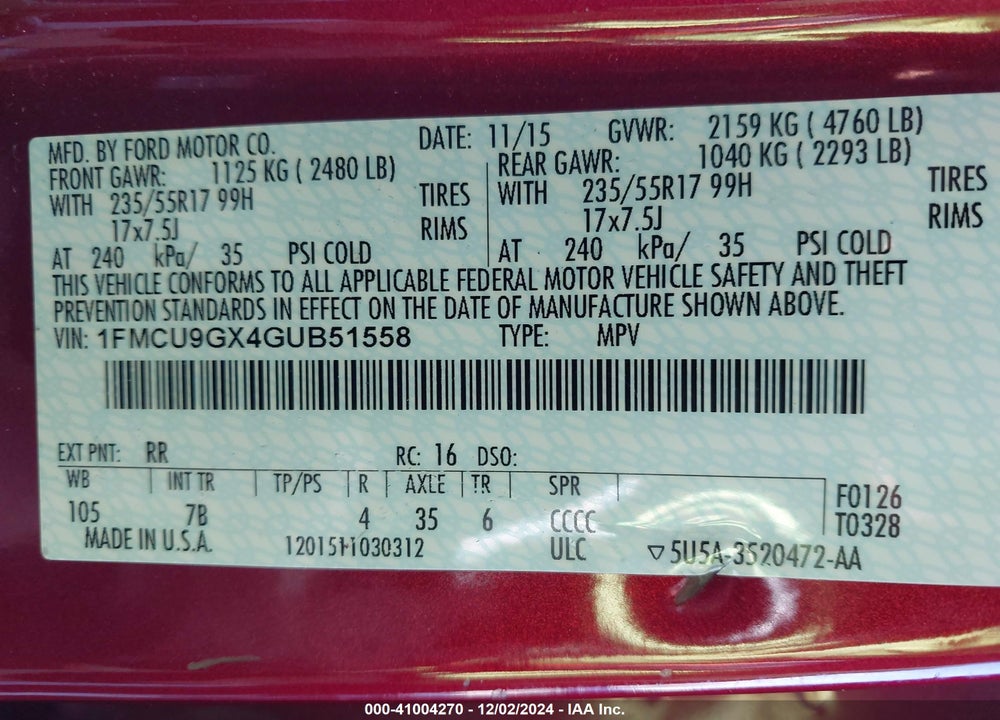 2016 FORD ESCAPE SE VIN: 1FMCU9GX4GUB51558