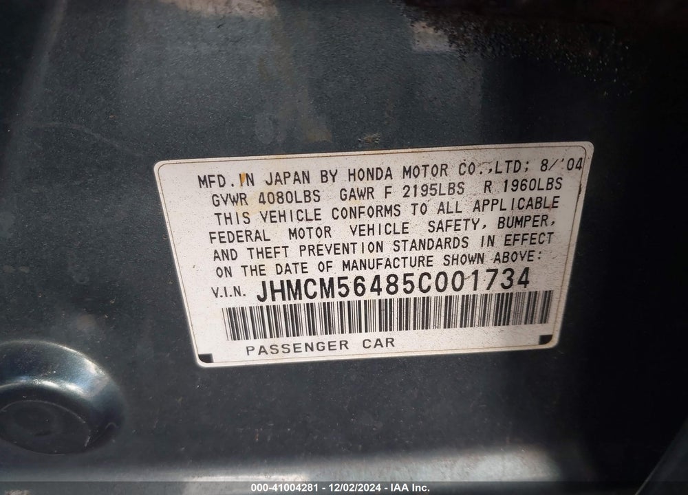 2005 HONDA ACCORD 2.4 LX VIN: JHMCM56485C001734