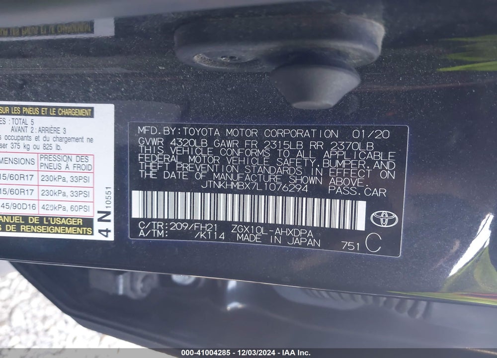 2020 TOYOTA C-HR LE VIN: JTNKHMBX7L1076294