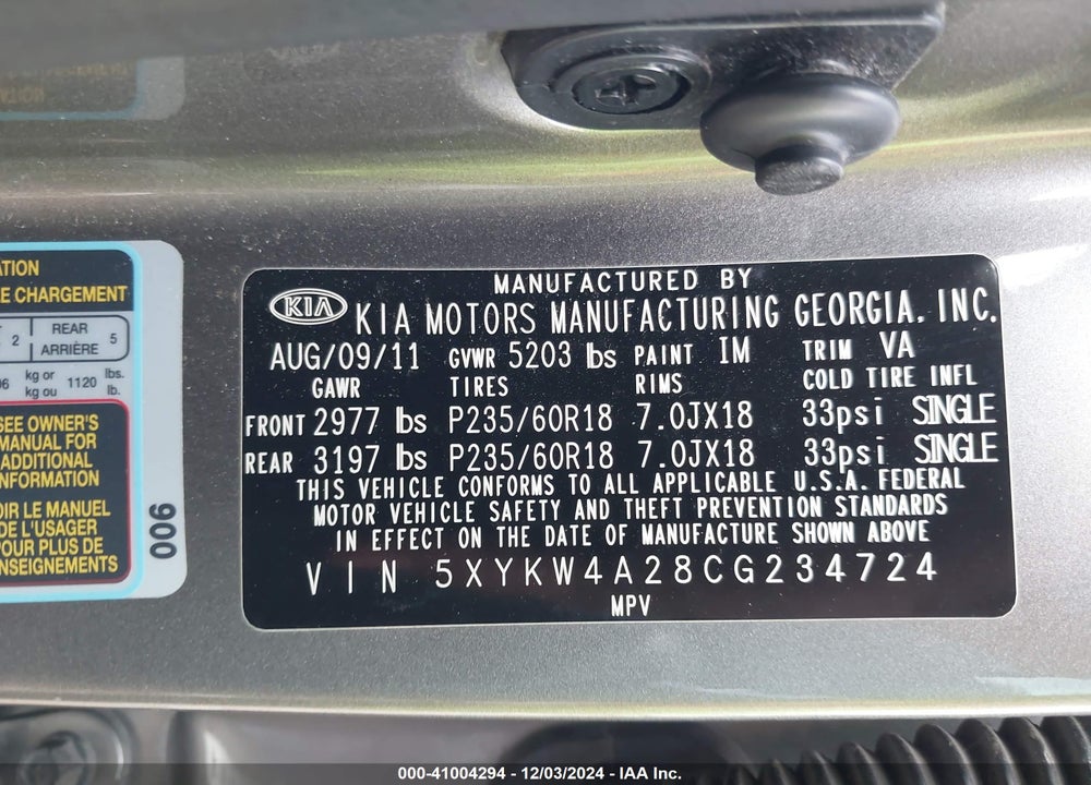2012 KIA SORENTO SX V6 VIN: 5XYKW4A28CG234724