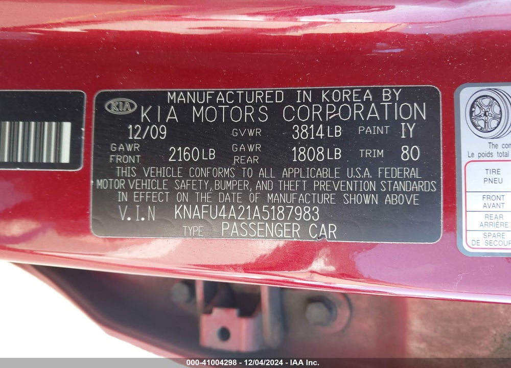 2010 KIA FORTE EX VIN: KNAFU4A21A5187983