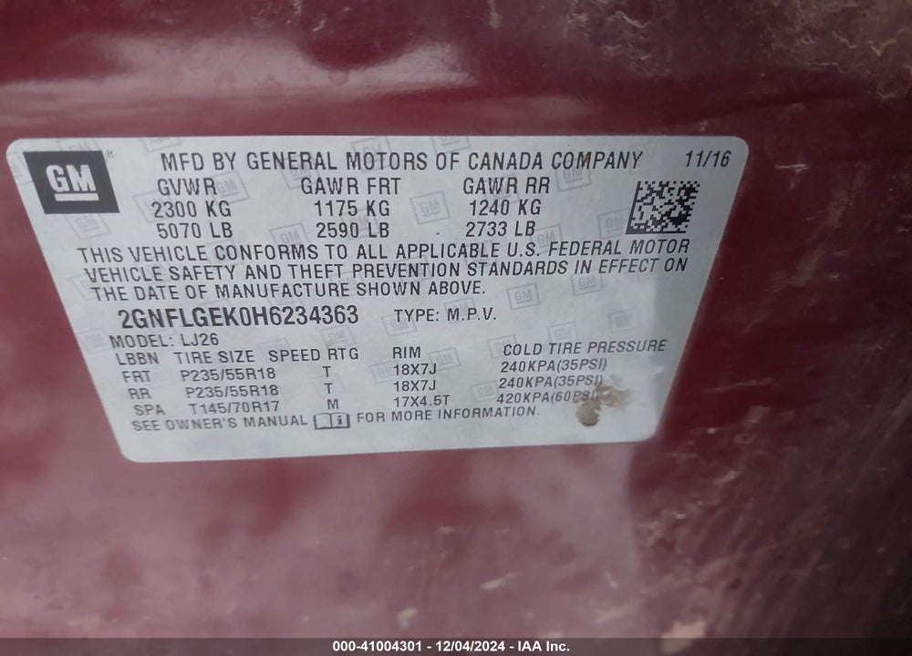 2017 CHEVROLET EQUINOX PREMIER VIN: 2GNFLGEK0H6234363
