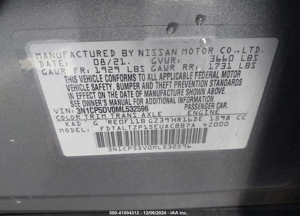 2021 NISSAN KICKS SR XTRONIC CVT VIN: 3N1CP5DV0ML532596
