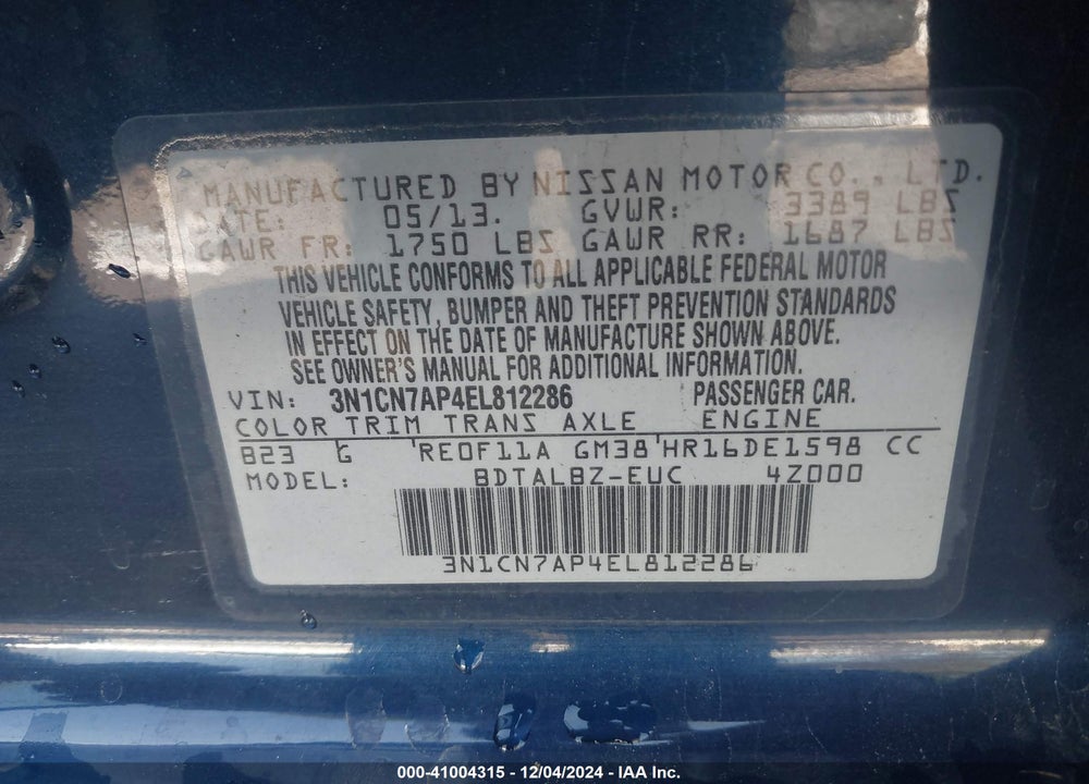 2014 NISSAN VERSA 1.6 SV VIN: 3N1CN7AP4EL812286