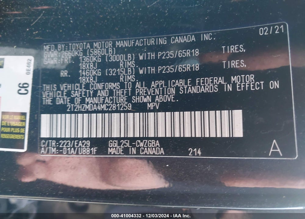 2021 LEXUS RX 350 VIN: 2T2HZMDA4MC281259