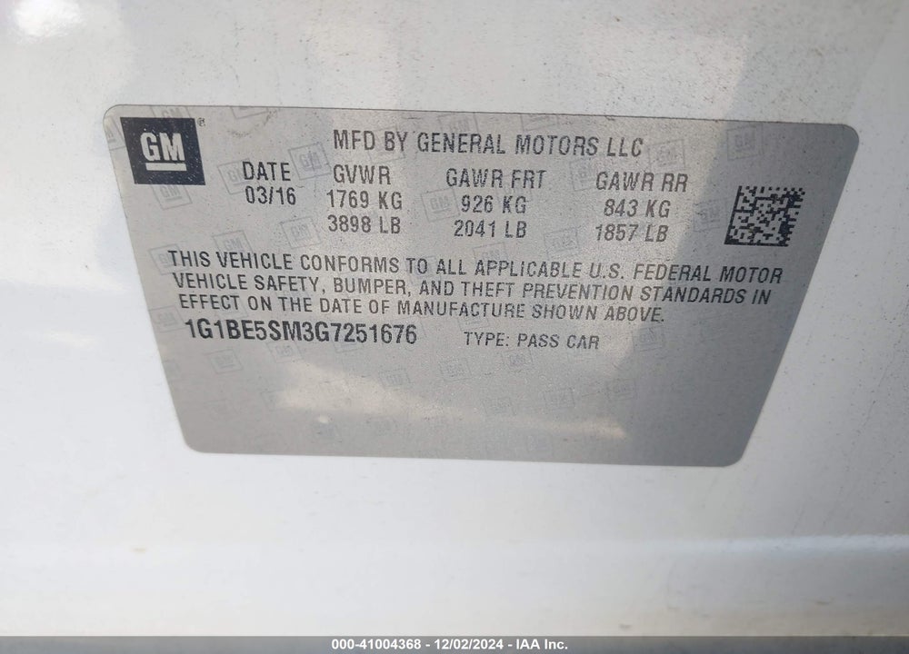 2016 CHEVROLET CRUZE LT AUTO VIN: 1G1BE5SM3G7251676