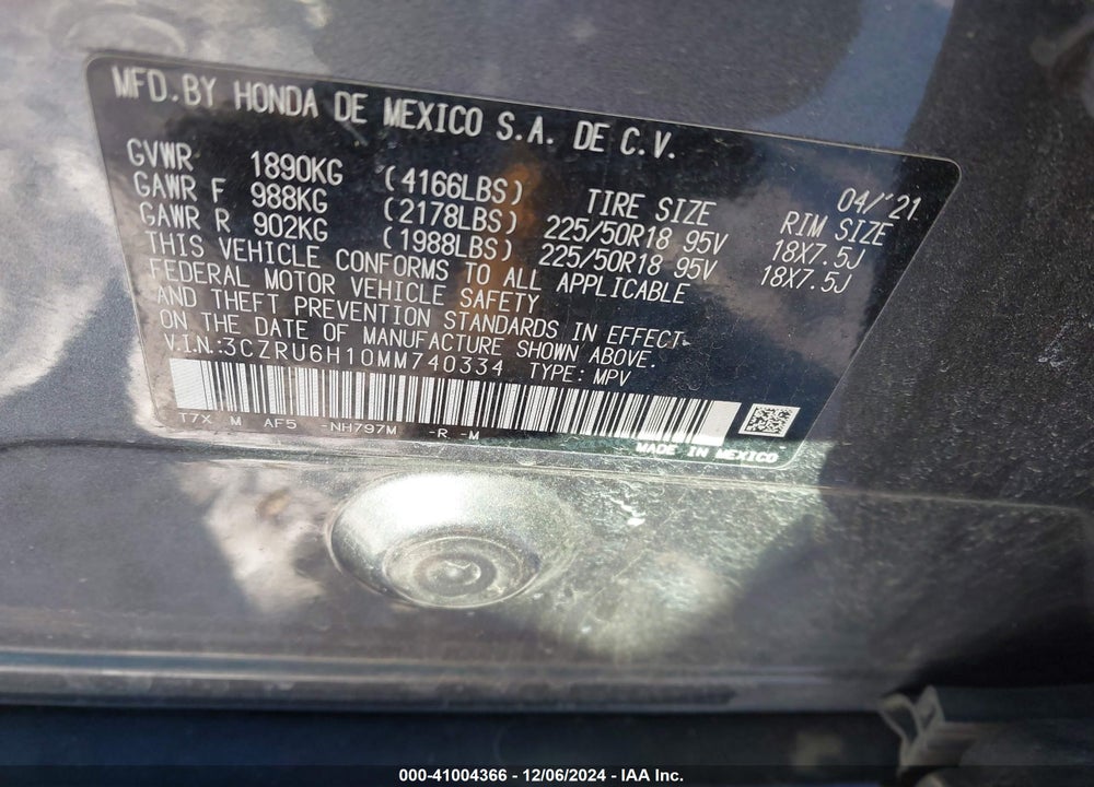 2021 HONDA HR-V AWD SPORT VIN: 3CZRU6H10MM740334