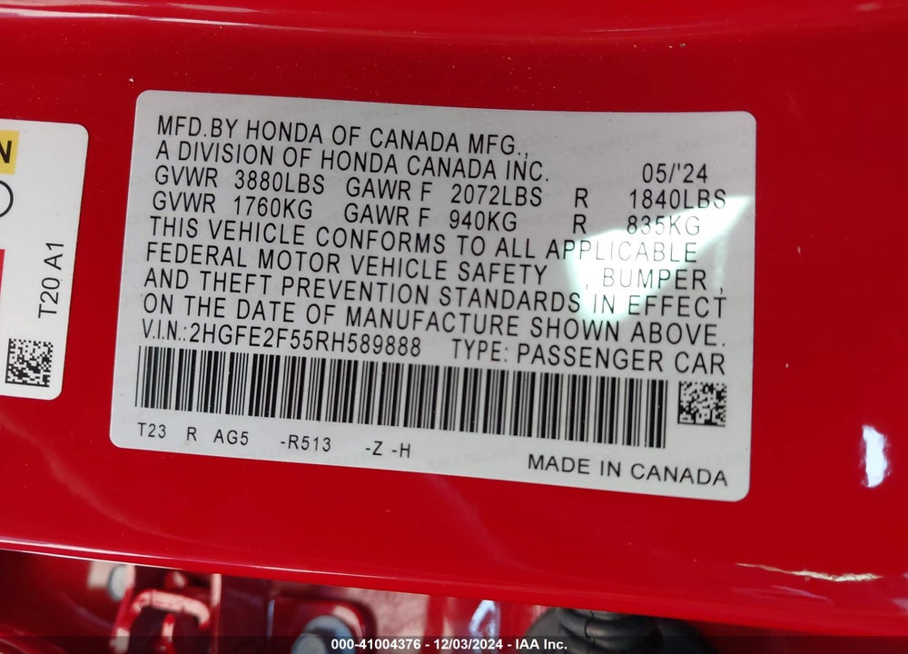 2024 HONDA CIVIC VIN: 2HGFE2F55RH589888