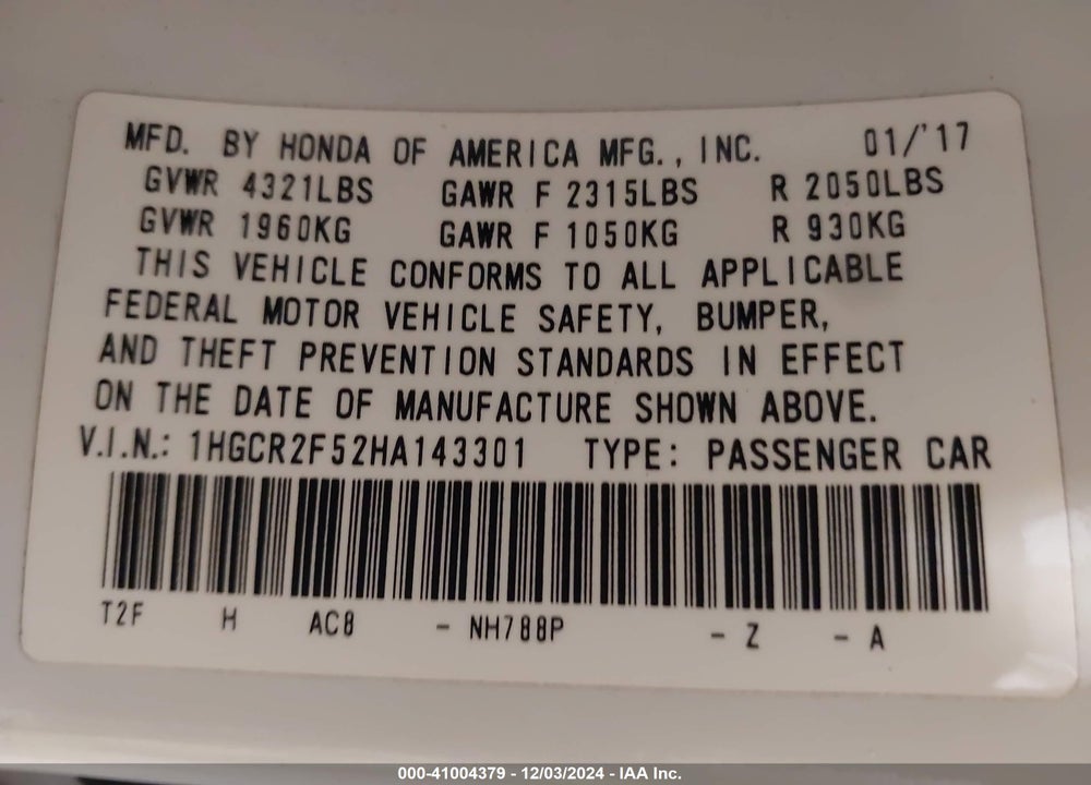 2017 HONDA ACCORD VIN: 1HGCR2F52HA143301
