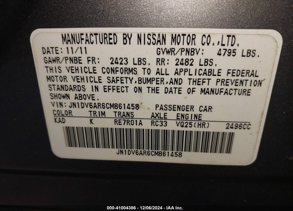 2012 INFINITI G25X VIN: JN1DV6AR6CM861458