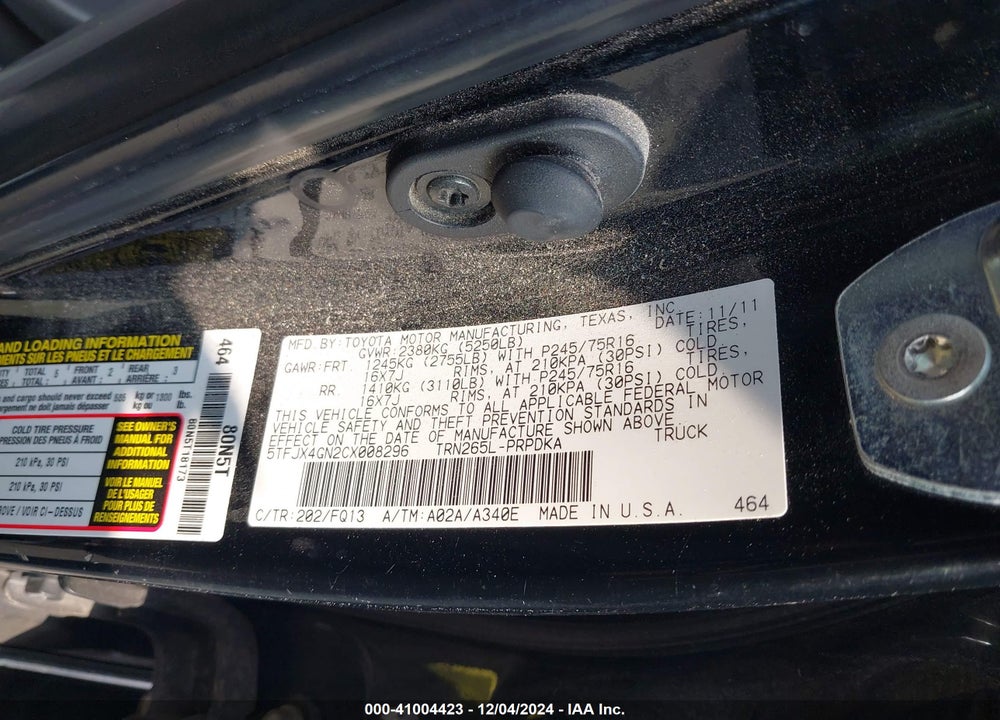 2012 TOYOTA TACOMA DOUBLE CAB VIN: 5TFJX4GN2CX008296