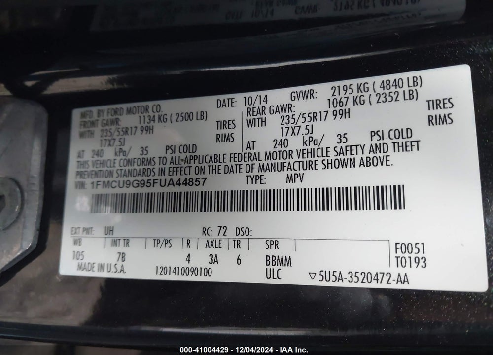 2015 FORD ESCAPE SE VIN: 1FMCU9G95FUA44857