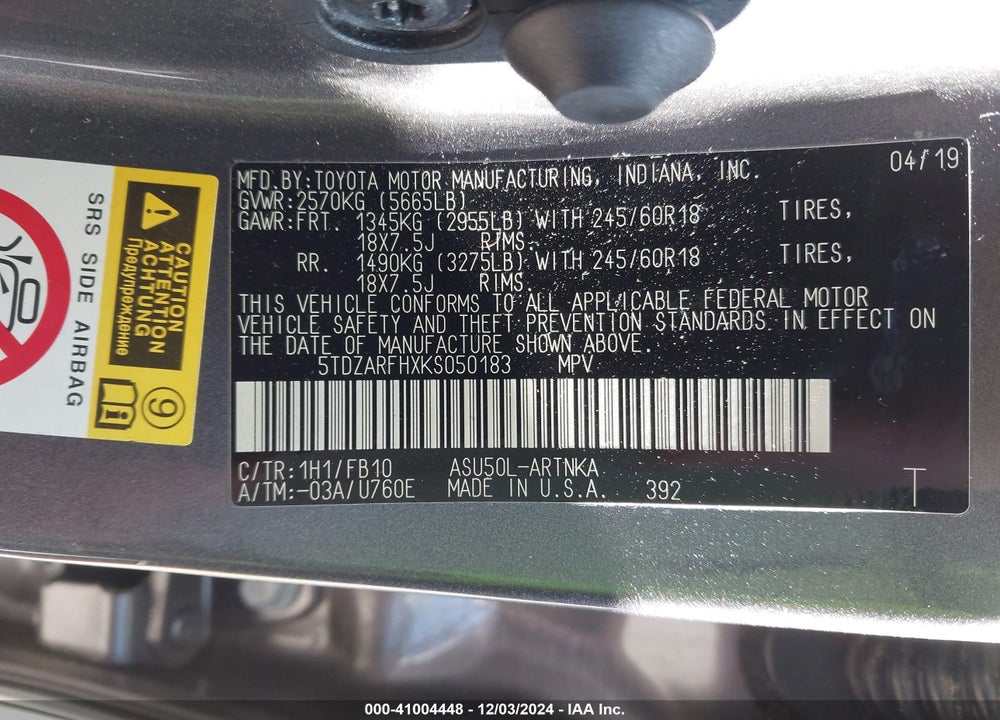 2019 TOYOTA HIGHLANDER LE VIN: 5TDZARFHXKS050183