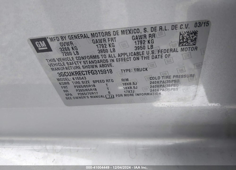 2015 CHEVROLET SILVERADO 1500 1LT VIN: 3GCUKREC7FG315918