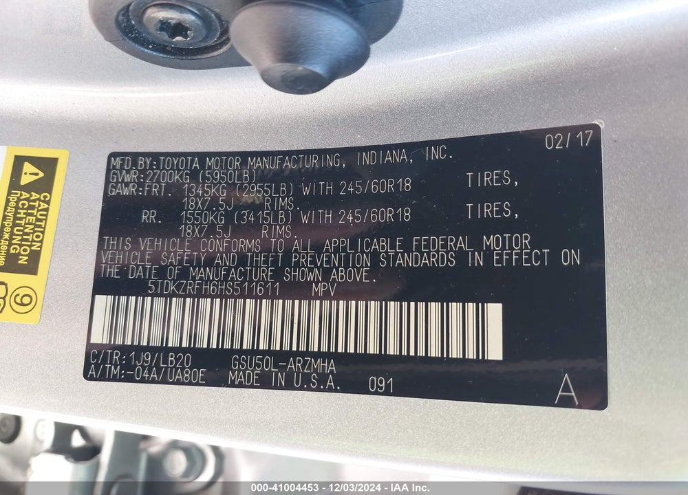 2017 TOYOTA HIGHLANDER XLE VIN: 5TDKZRFH6HS511611