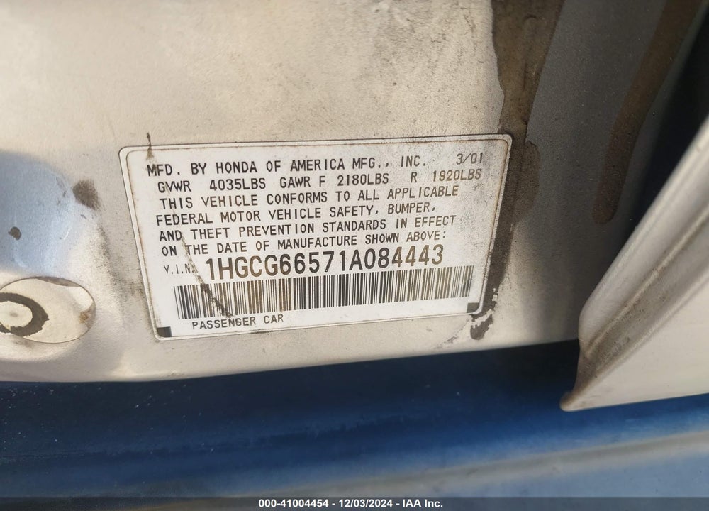 2001 HONDA ACCORD 2.3 LX VIN: 1HGCG66571A084443