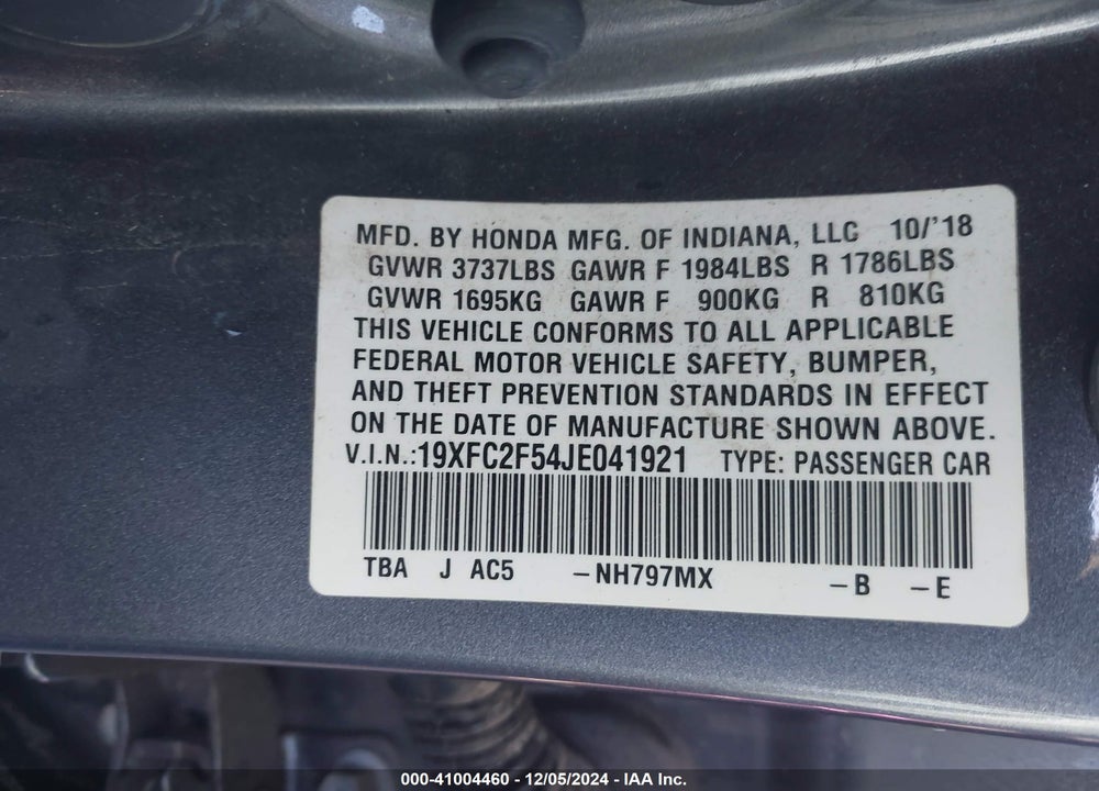 2018 HONDA CIVIC LX VIN: 19XFC2F54JE041921
