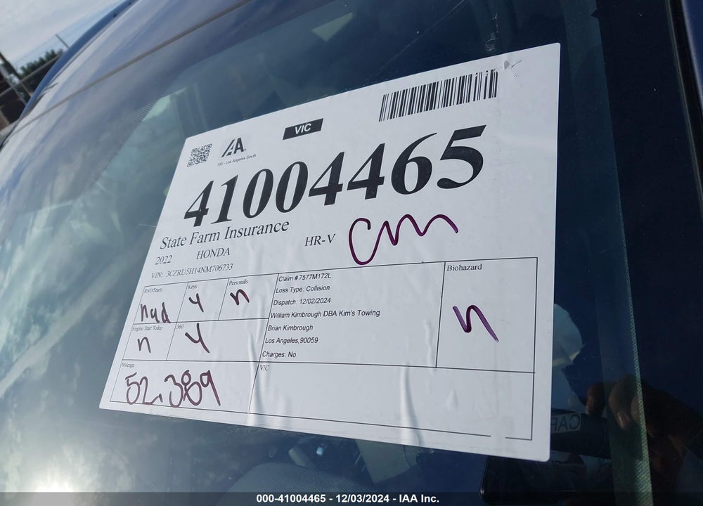 2022 HONDA HR-V 2WD SPORT VIN: 3CZRU5H14NM706733