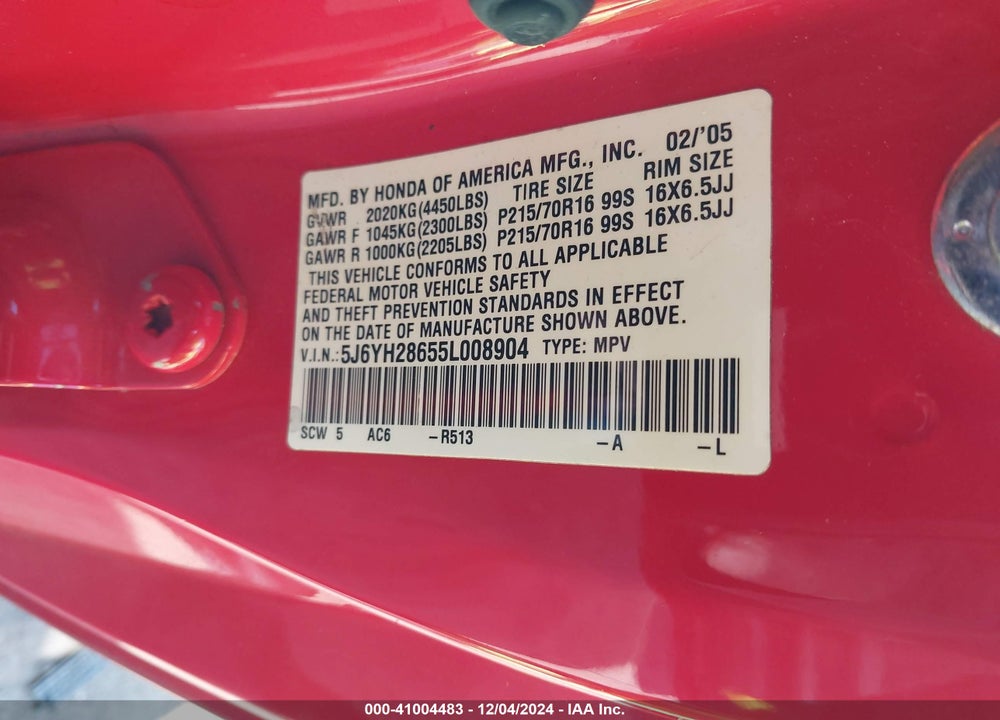 2005 HONDA ELEMENT EX VIN: 5J6YH28655L008904