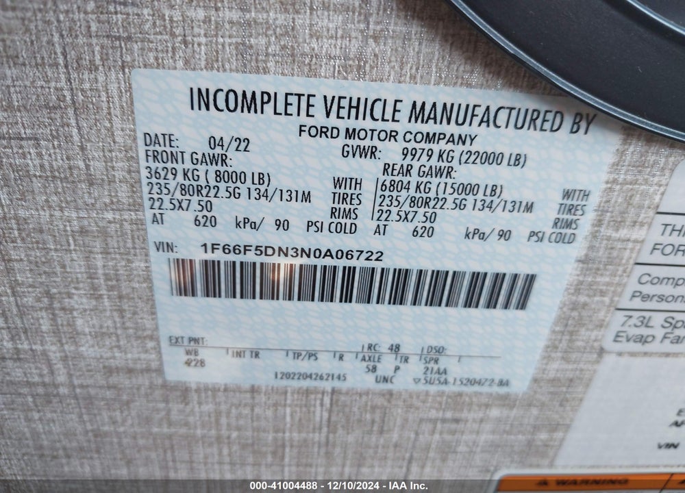 2022 FORD F53 PRECEPT MOTOR HOME VIN: 1F66F5DN3N0A06722