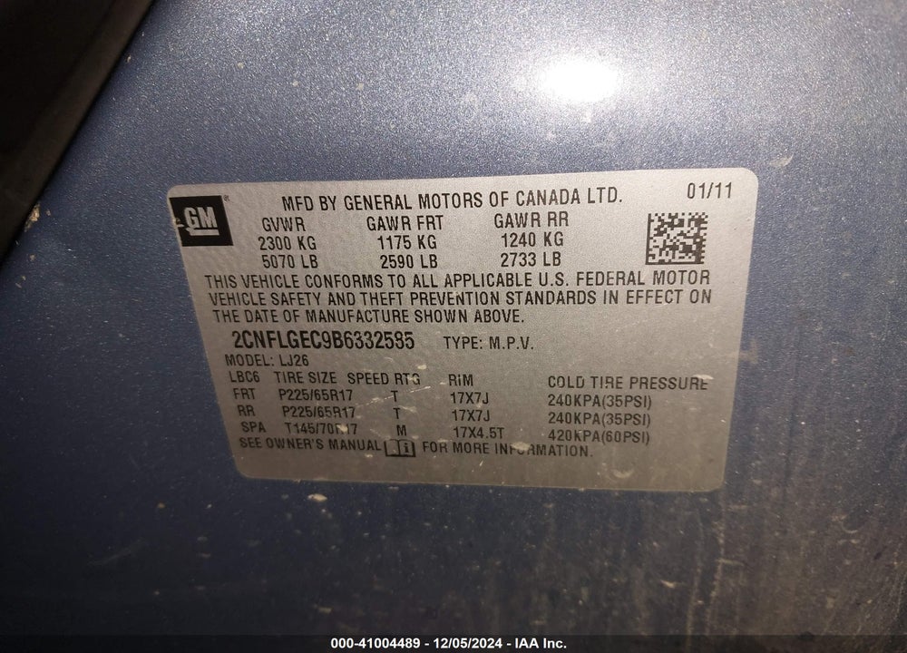 2011 CHEVROLET EQUINOX LTZ VIN: 2CNFLGEC9B6332585