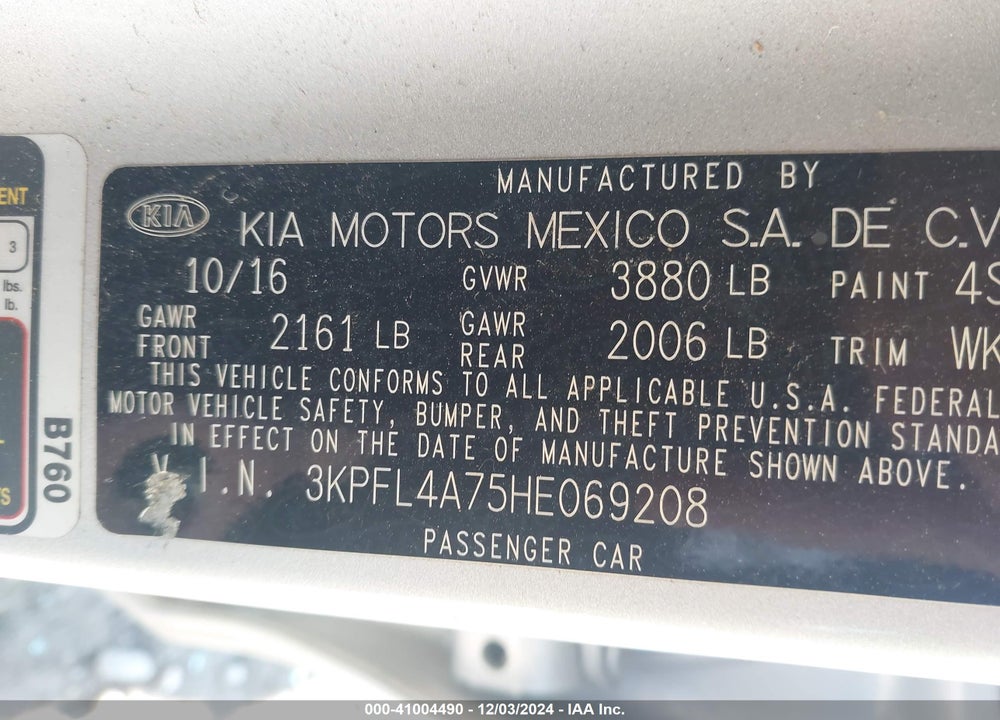 2017 KIA FORTE VIN: 3KPFL4A75HE069208
