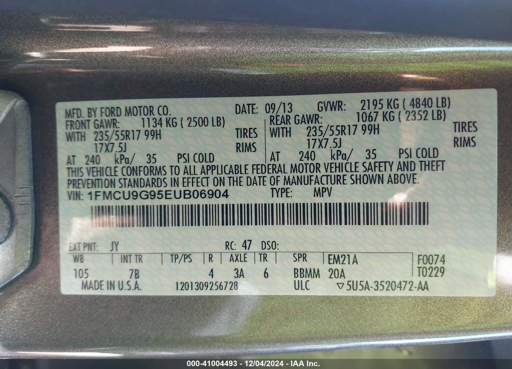2014 FORD ESCAPE SE VIN: 1FMCU9G95EUB06904