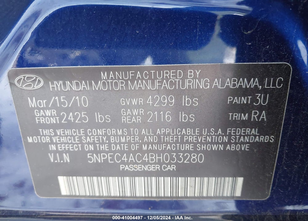 2011 HYUNDAI SONATA SE VIN: 5NPEC4AC4BH033280
