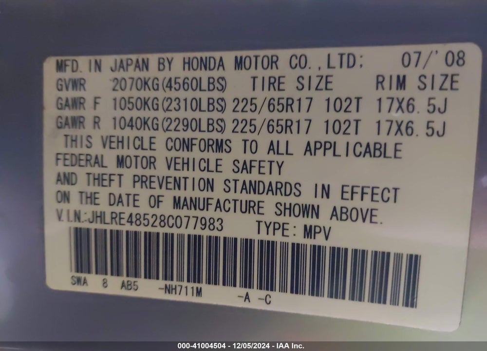 2008 HONDA CR-V VIN: JHLRE48528C077983