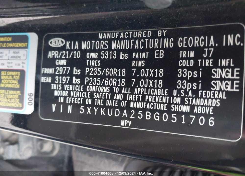 2011 KIA SORENTO EX V6 VIN: 5XYKUDA25BG051706
