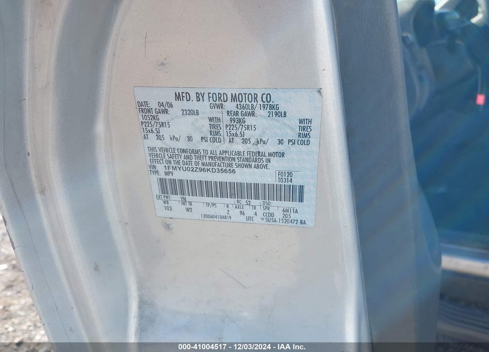 2006 FORD ESCAPE XLS/XLS MANUAL VIN: 1FMYU02Z96KD35656