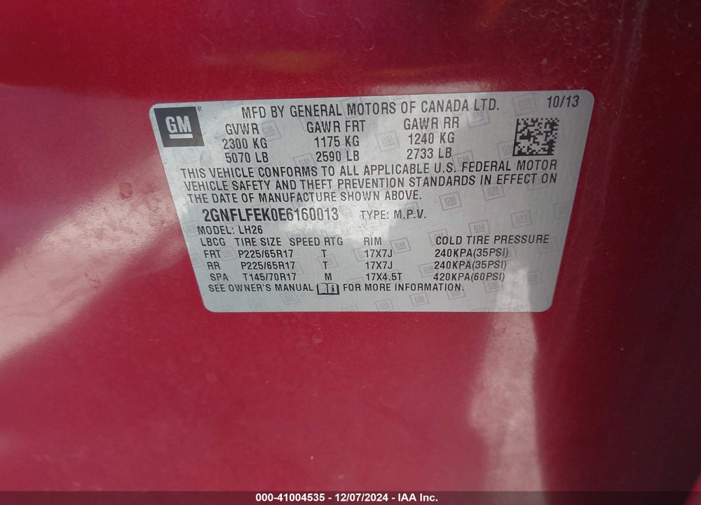 2014 CHEVROLET EQUINOX 1LT VIN: 2GNFLFEK0E6160013