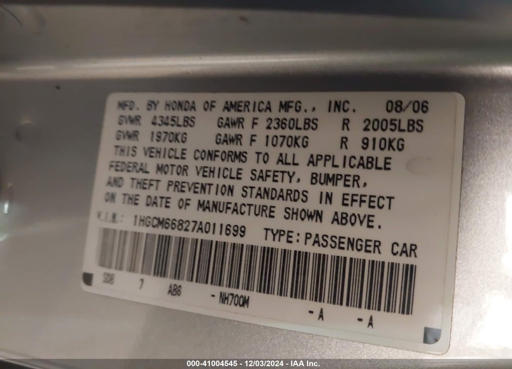 2007 HONDA ACCORD 3.0 EX VIN: 1HGCM66827A011699