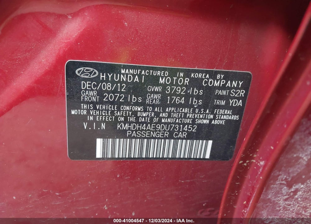 2013 HYUNDAI ELANTRA VIN: KMHDH4AE9DU731452