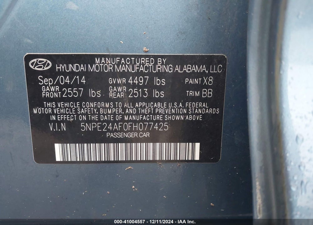 2015 HYUNDAI SONATA SE VIN: 5NPE24AF0FH077425