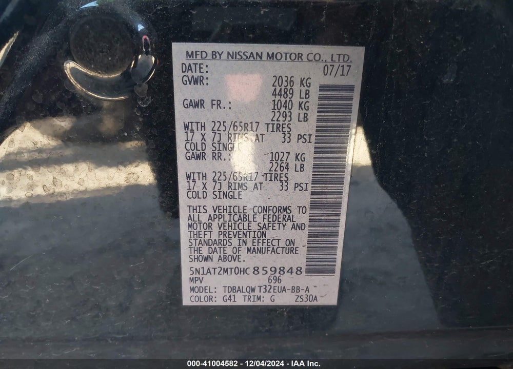 2017 NISSAN ROGUE SV VIN: 5N1AT2MT0HC859848