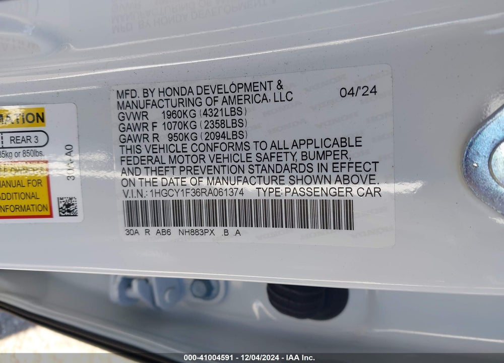 2024 HONDA ACCORD EX VIN: 1HGCY1F36RA061374