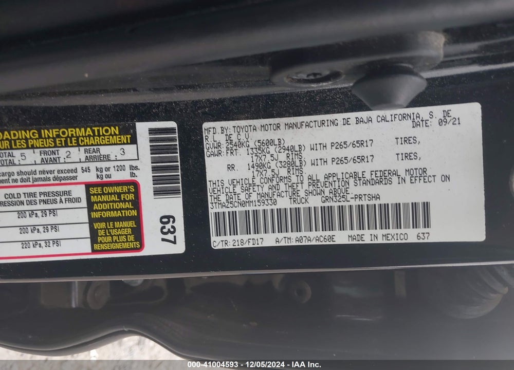 2021 TOYOTA TACOMA TRD SPORT VIN: 3TMAZ5CN0MM159330