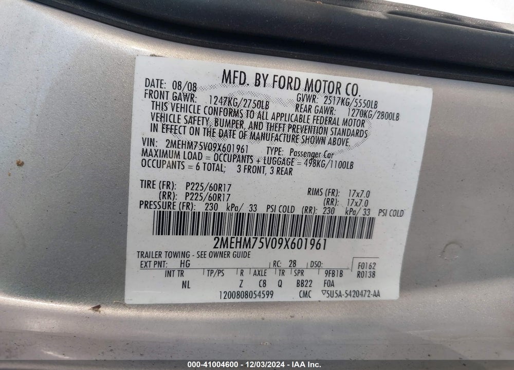 2009 MERCURY GRAND MARQUIS LS (FLEET ONLY) VIN: 2MEHM75V09X601961