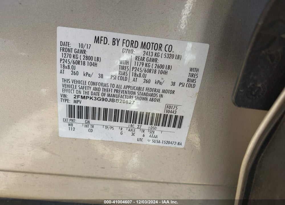 2018 FORD EDGE SE VIN: 2FMPK3G90JBB20827