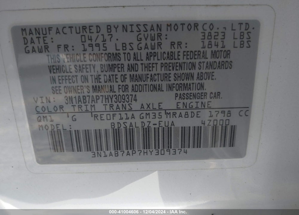 2017 NISSAN SENTRA VIN: 3N1AB7AP7HY309374