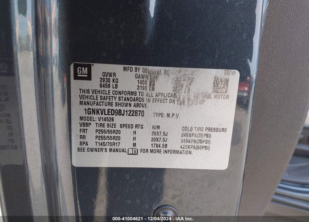 2011 CHEVROLET TRAVERSE LTZ VIN: 1GNKVLED9BJ122870