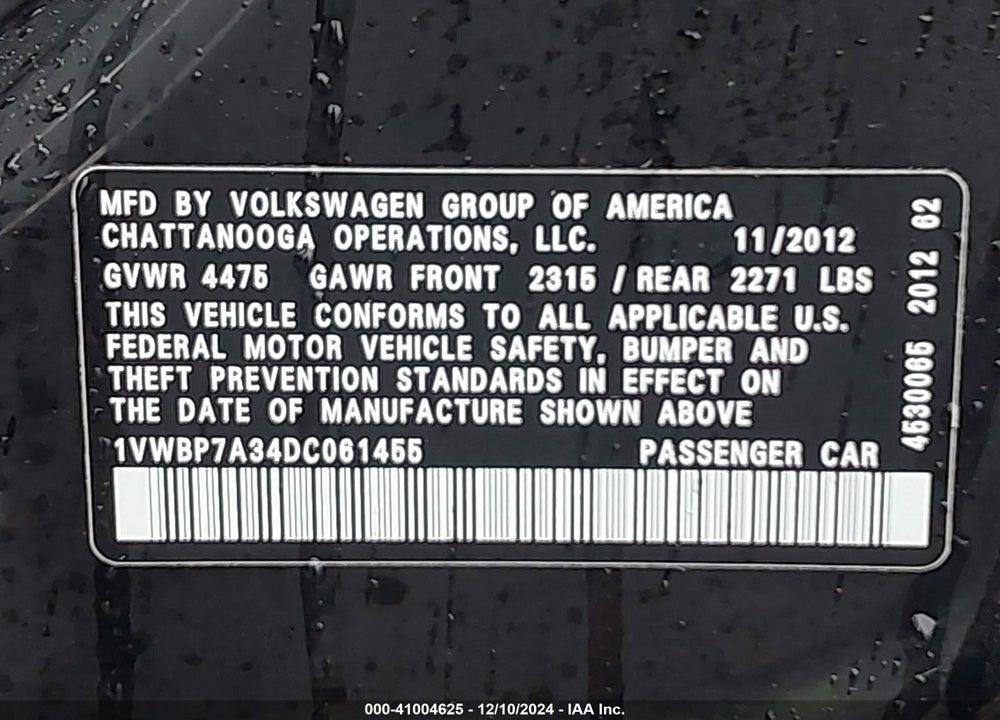 2013 VOLKSWAGEN PASSAT 2.5L SE VIN: 1VWBP7A34DC061455