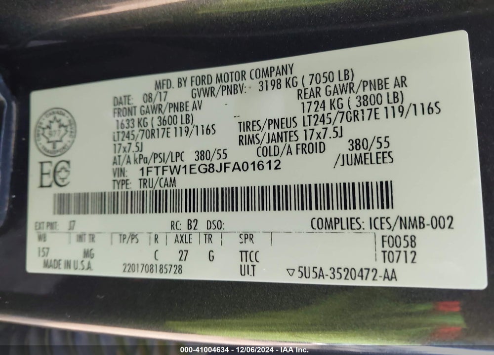 2018 FORD F-150 VIN: 1FTFW1EG8JFA01612