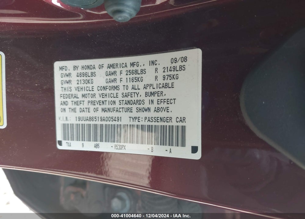 2009 ACURA TL 3.5 VIN: 19UUA86519A005491