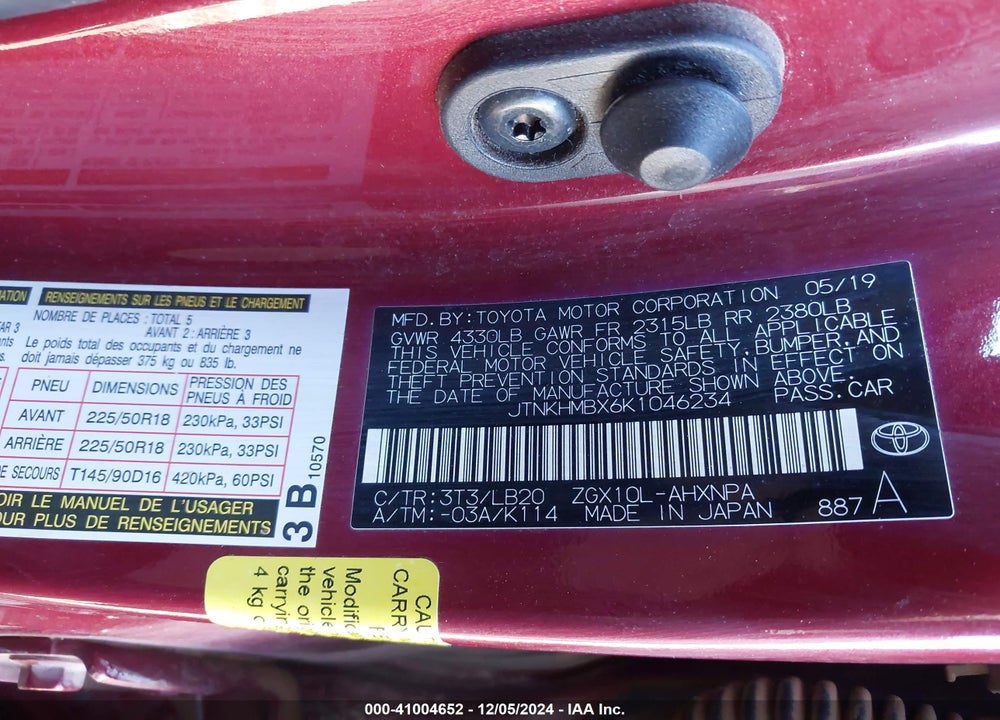 2019 TOYOTA C-HR LIMITED VIN: JTNKHMBX6K1046234