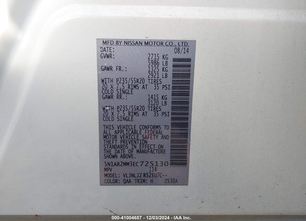 2014 NISSAN PATHFINDER PLATINUM VIN: 5N1AR2MM3EC725130