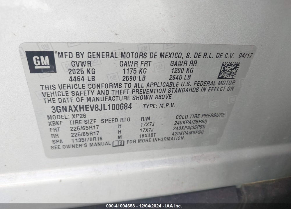 2018 CHEVROLET EQUINOX LS VIN: 3GNAXHEV8JL100684