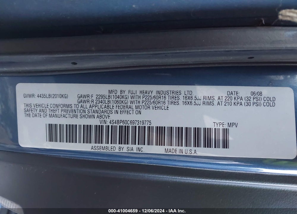 2009 SUBARU OUTBACK 2.5I VIN: 4S4BP60C697319775